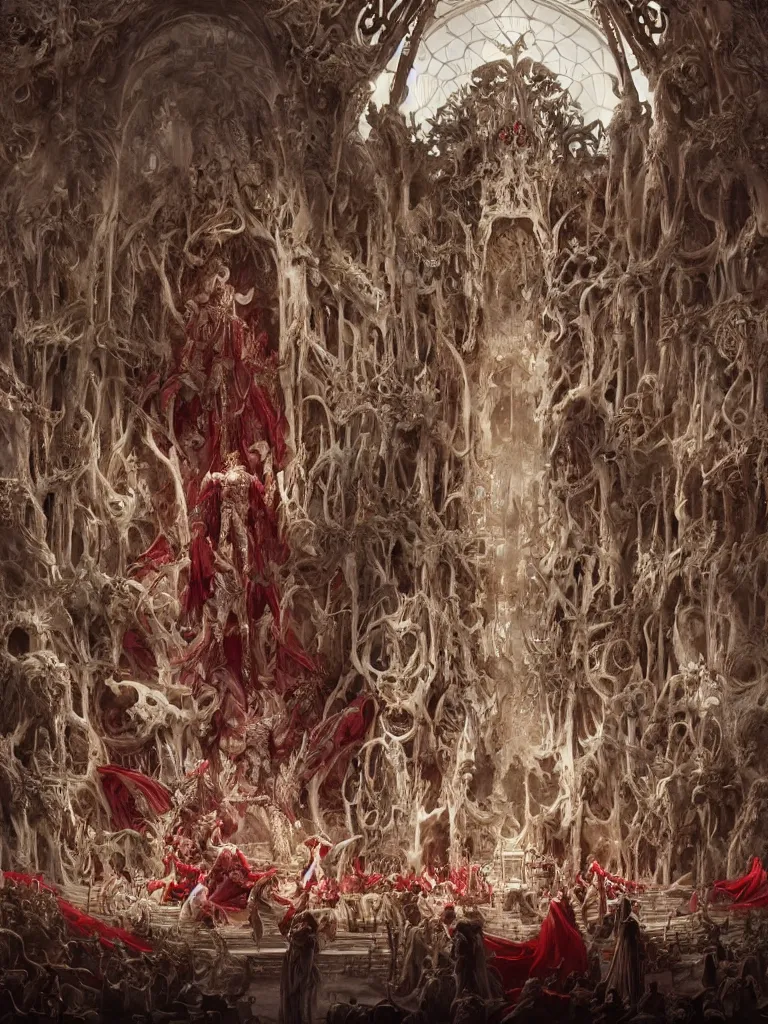 Image similar to matte painting of a huge ivory throne of bones, abominations are kneeling in front of the throne, red tones, highly coherent, ultra realistic, concept art, intricate details, eerie, highly detailed, photorealistic, octane render, 8 k, unreal engine. art by artgerm and greg rutkowski and alphonse mucha