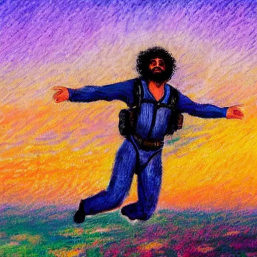 Image similar to arab man with curly hair skydiving alone, centered, pastel colors, peaceful, impressionist painting, figurative painting, intricate details, sunset