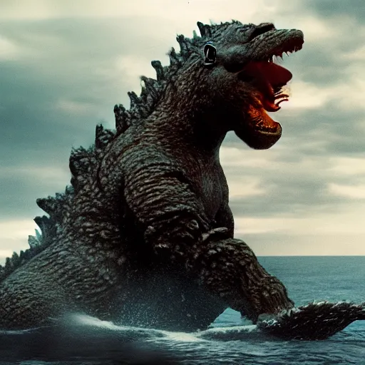 Prompt: a film still of Godzilla fighting King Kong in the ocean, epic scene, high quality