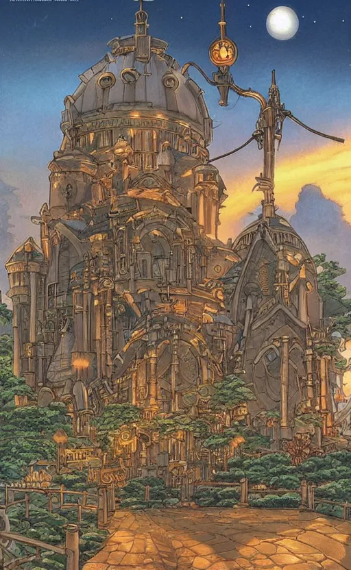 Image similar to Studio Ghibli steampunk cathedral at dusk by Hayao Miyazaki, Michael Whelan, and Thomas Kincade