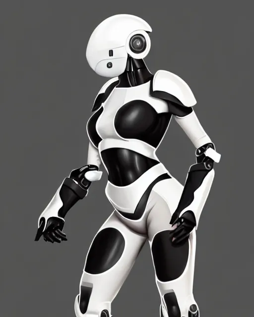 Image similar to concept art of a thicc female futurstic warrior, wearing a futuristic white helmet, futurstic black body smooth slim fitted armor, sleek design, aerodynamic design, holding a large futurstic robotic bow, full body image | | epic - fine - clean, polished, trending on artstation, brush strokes