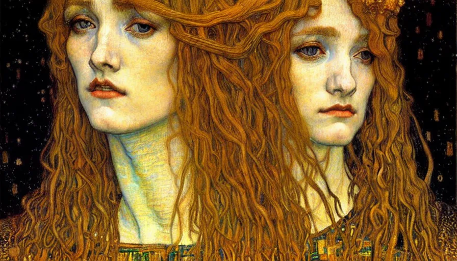 Image similar to detailed realistic beautiful young medieval queen face portrait by jean delville, gustav klimt and vincent van gogh, art nouveau, symbolist, visionary, gothic, pre - raphaelite, muted earthy colors, desaturated