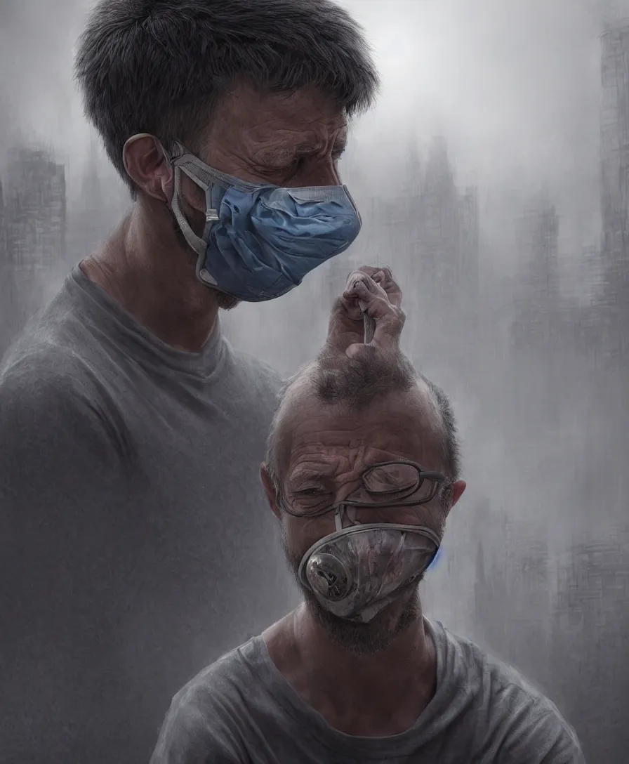 Prompt: detailed digital painting of man kind suffering due to high air pollution in future, people are wearing masks, wide angle shot, in the style of greg rutwoski, very hyper realistic, highly detailed, fantasy art station