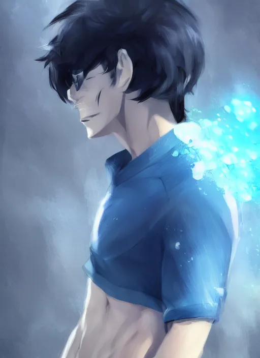 Image similar to handsome young man with short black hair, male, dressed in blue, looking down, half body shot, arms down, path traced, highly detailed, high quality, digital painting, posuka demizu