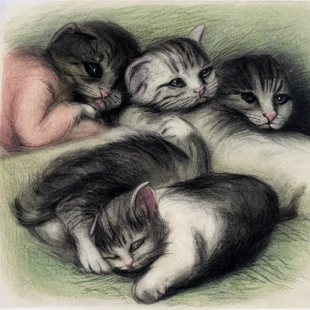 Prompt: final fantsy Four kittens lined up to sleep on the arm of a sleeping girl by Edward Lear