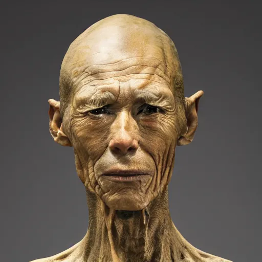 Image similar to hyperrealistic sculpture of a fossilized bronze chinese prisoner by ron mueck and duane hanson and giacometti and elizabeth frink, patina, hyperrealistic dramatic lighting 8 k