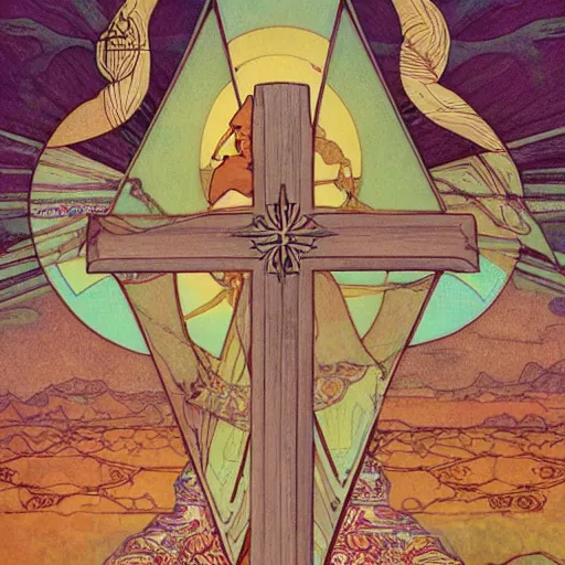 Image similar to a spiritual cross on top of a holy mountain, holy geometry, Mucha, Moebius, Mohrbacher