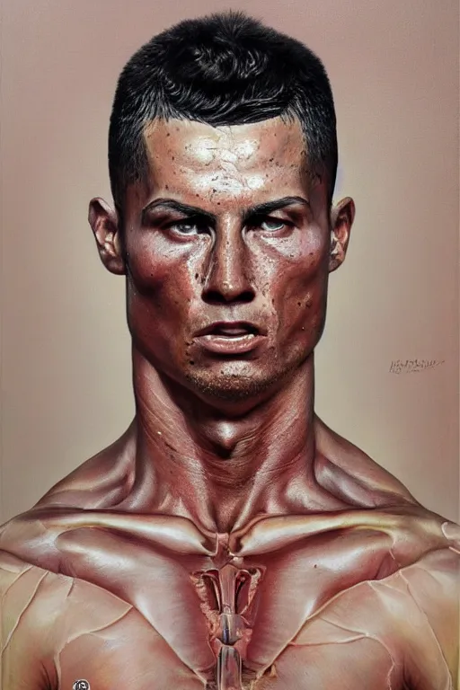 Prompt: beautiful oil clean painting biomechanical portrait cristiano ronaldo face by wayne barlowe, rembrandt, complex, stunning, realistic skin color, 4 k, high res, awardwinning, masterpiece, realistic lighting