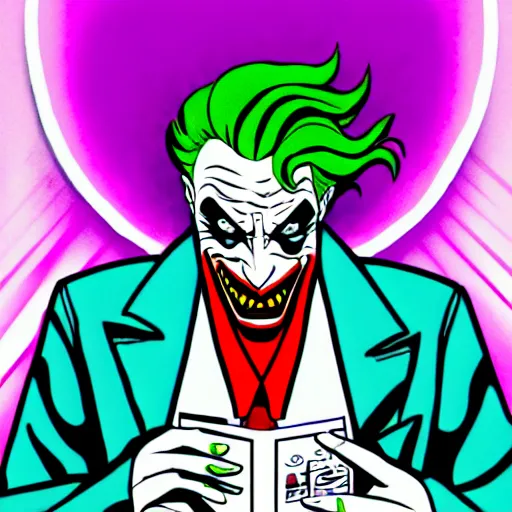 Image similar to joker vibing in vaporwave, comics illustration