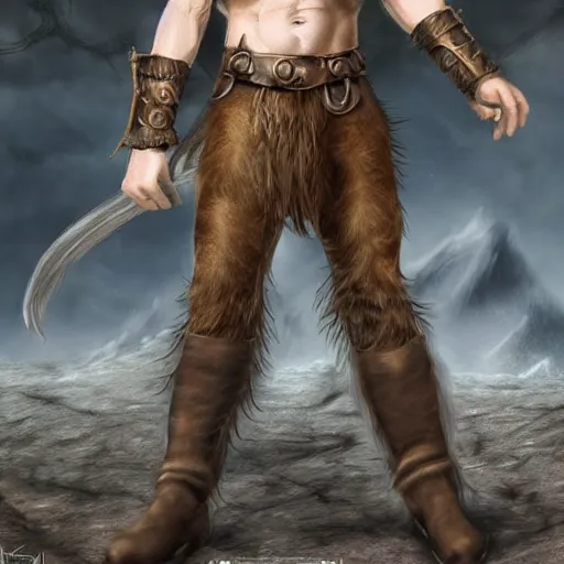 Image similar to ginger viking with flowing long wavy hair in leather armor, very pale, very hairy chest, bare chest, very thick legs, bare legs, husky body type, very muscular, very tall, full body picture, fantasy, dungeons and dragons, detailed digital art, 4 k