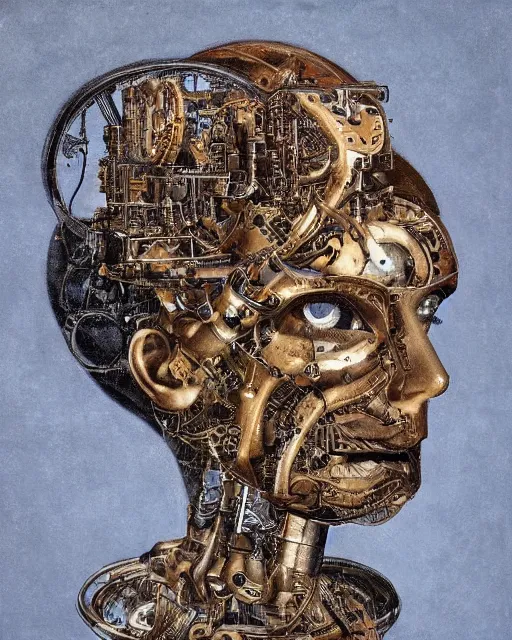 Prompt: intricate machinery in a human head. antique cyborg almacan pierre matter organic mechanical hybrid louis poyet This space painting has the potential to bring forth a new dimension of knowledge and spiritual awakening Artificial intelligence is a social construct and a product of industrialization.