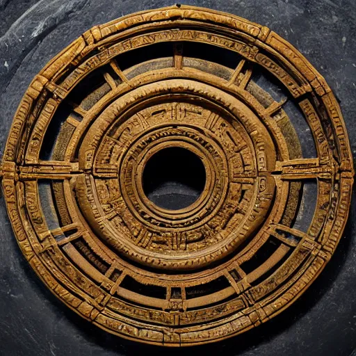 Prompt: broken section of a stargate inscribed with Hindu deities. Ancient alien artifact by Pacal Votan. 4K high quality museum collection photograph