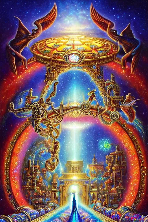 Prompt: a photorealistic detailed cinematic image of a departed soul crossing the ornate adorned jeweled opal gateway to the afterlife. met by friends and family, overjoyed, by pinterest, david a. hardy, kinkade, lisa frank, wpa, public works mural, socialist