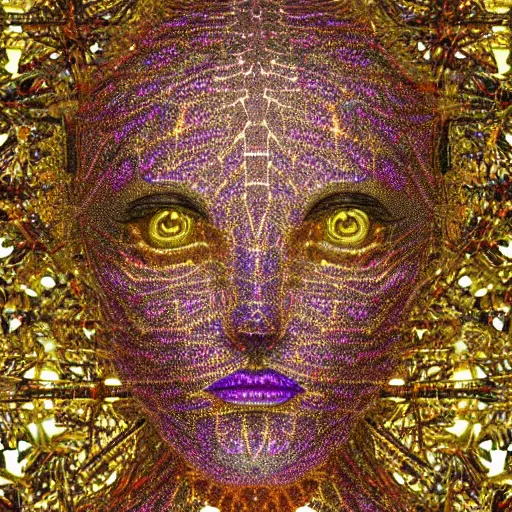 Prompt: a beautiful symmetrical being made of crystals,golden ornaments by alex gray and android jones, 3D, 8k resolution