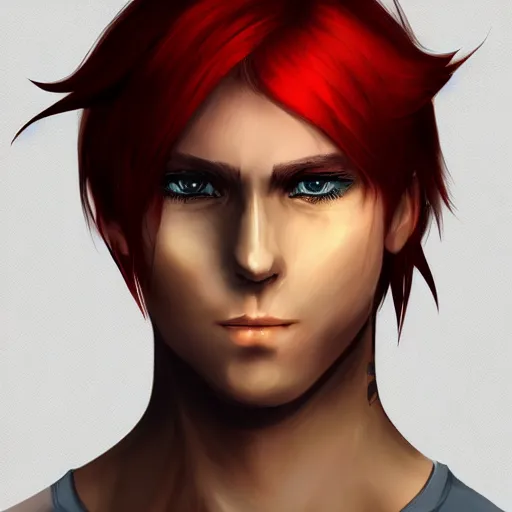 Image similar to portrait, 30 years old man :: burned face :: red hair ponytail :: high detail, digital art, RPG, concept art, illustration, Deviantart