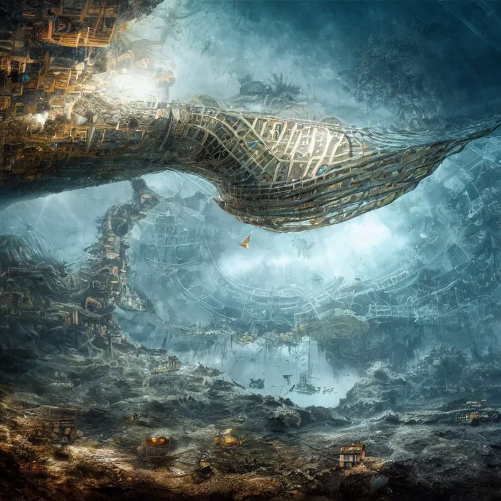 Prompt: stunning beautiful underwater city, photorealism by erik johansson, full colour spectrum, iridescent specular highlights, white biomechanical, gold, bronze, copper, chrome, titanium, by h. r. giger, tim burton supersampled, 8 k, beautify