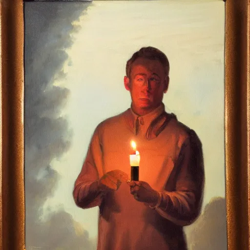 Prompt: an oil painting of a man holding a lit candle