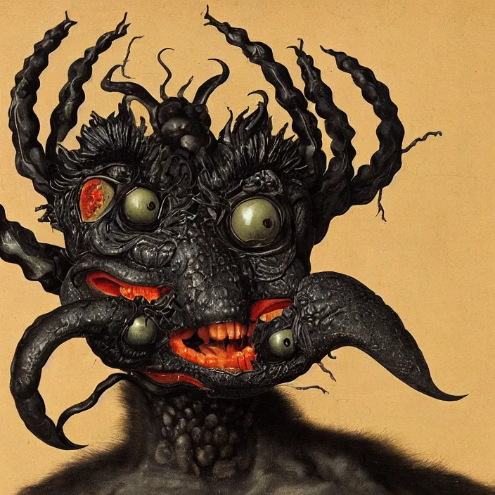 Prompt: close up portrait of a mutant monster creature with giant flaming protruding eyes bulging out of their eye sockets, exotic black orchid - like mouth, insect antennae by jan van eyck, walton ford