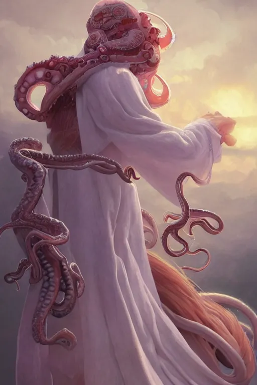 Prompt: a holy cephalopod with long powerful tentacles and a single large eye, broad angel wings wearing long white robe, highly detailed, digital painting, artstation, concept art, matte, sharp focus, illustration, dramatic, sunset,hearthstone, art by Artgerm and Greg Rutkowski and Alphonse Mucha