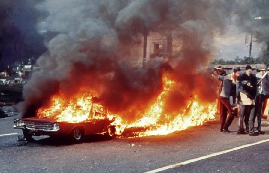 Prompt: car on fire, vintage movie still