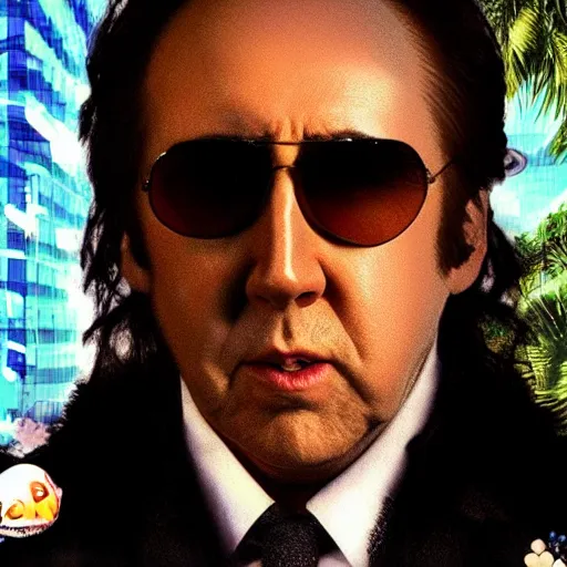 Image similar to Nicolas Cage on vaporwave album