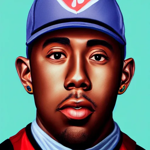 Image similar to closeup portrait shot of tyler the creator wearing a ups uniform, intricate, cool, highly detailed, centered, digital painting, artstation, concept art, smooth, sharp focus, illustration, artgerm,