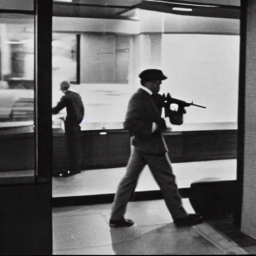 Prompt: A man walking into a bank with a Thompson machine gun. Security camera footage, grainy, black and white, 1980's.