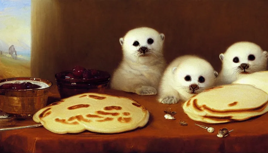 Image similar to highly detailed painting of cute furry white baby seals in a pile of jam pancakes on a table by william turner, by greg rutkowski, by william constable, thick brush strokes and visible paint layers, 4 k resolution