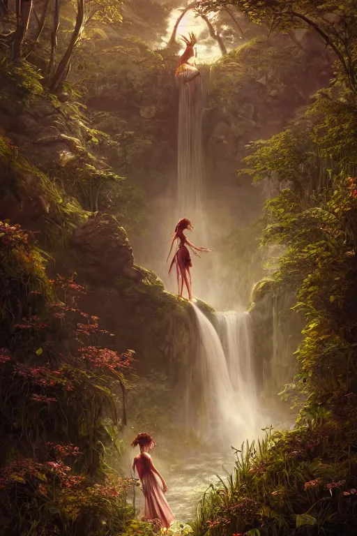 Prompt: detailed intricate digital illustration by greg rutkowski and artgerm and wlop and sanford robinson gifford ; girl standing in gothic fantasy valley and waterfall faerie fey unseelie in background ; 1 3 mm film, arri alfa anamorphic lens ; sharp focus, golden hour, fireflies ; trending on artstation 8 k close view
