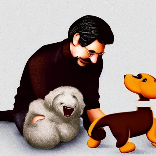 Image similar to Steve Jobs lovingly playing with a brown puppy, highly detailed, hyper realistic