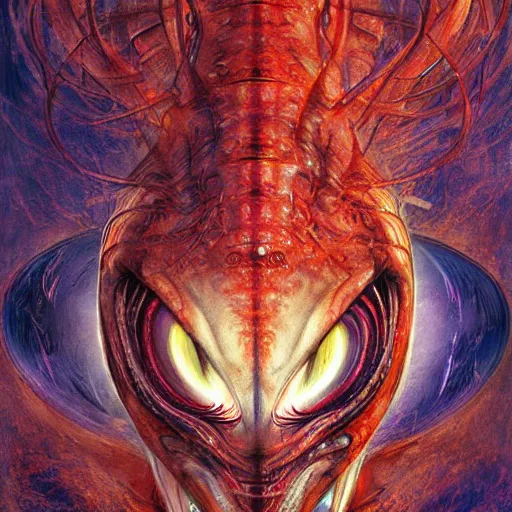 Image similar to a simple centered portrait of a predatory alien species. an award winning yoshitaka amano digital art poster color painting. a masterpiece by james gurney. poster colour on canvas.