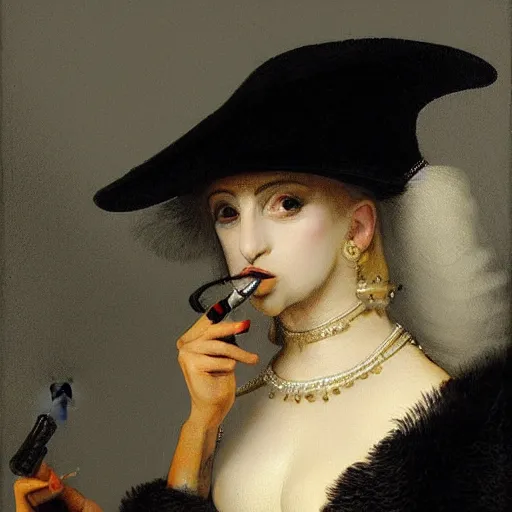 Prompt: lady gaga smoking bong, by rembrandt