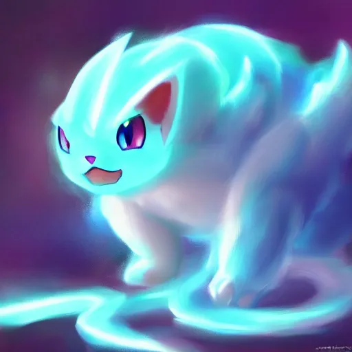 Image similar to cinematic portrait of beautiful Mew Pokemon on blue bubble, oil on canvas, masterpiece, trending on artstation, featured on pixiv, cinematic composition, dramatic pose, beautiful lighting, sharp, details, hyper-detailed, HD, HDR, 4K, 8K