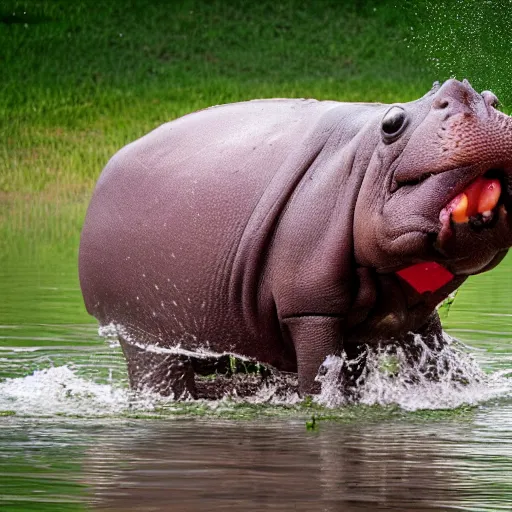 Prompt: enthusiastic hippo eating a watermelon