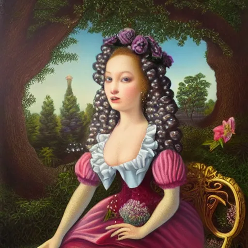 Image similar to a beautiful detailed portrait painting by Mark Ryden of the crazy noble in a serene landscape, rococo