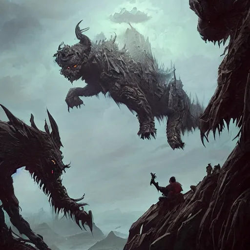 Image similar to a giant shadow beast looming over a group of adventurers, fantasy horror painting by greg rutkowski and james gurney, trending on artstation, masterpiece, highly detailed, 8 k