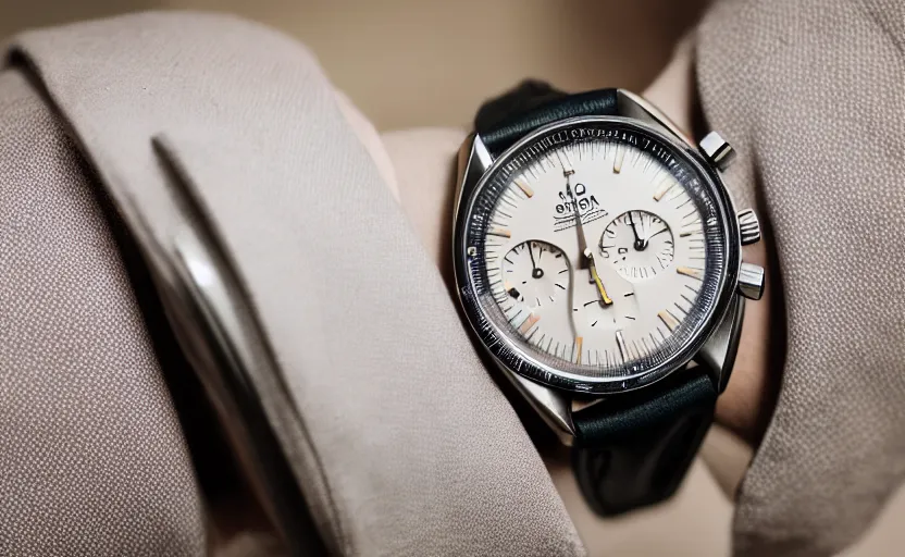 Prompt: omega speedmaster on the wrist of a lady with a wool suit