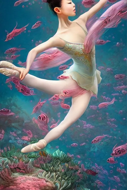 Image similar to stunningly beautiful, asian prima ballerina at the bottom of the great barrier reef, smooth, focus, highly detailed, hyper realistic, dramatic lighting, intricate, concept art, art by wlop, mars ravelo