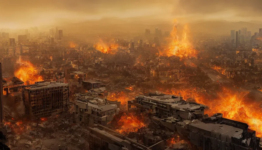 Image similar to los angeles destroyed by an earthquake, collapsed buildings, dust particles, fire, ashes and smoke columns, sunset, game map matte painting, hyperdetailed, artstation, cgsociety, 8 k