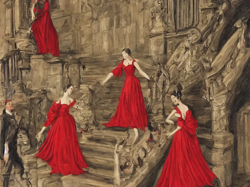 Prompt: An impressive castle entrance, a beautiful woman wearing a red dress, coming down the stairs, sided by two fierce Dobermans, painted by Desiderio Monsu