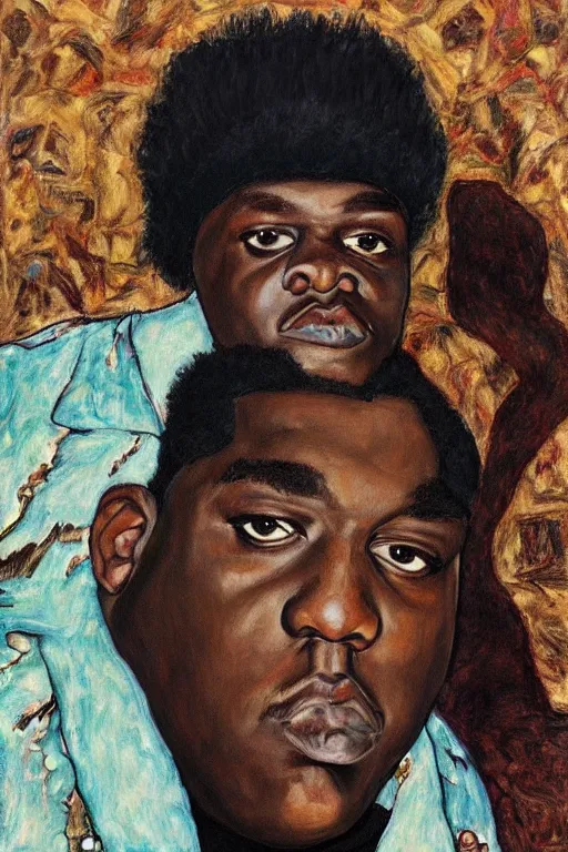 Image similar to a portrait of biggie smalls wearing boho - chic style clothes, with a fur muffler, full body!!, realistic painting in egon schiele style, masterpiece, hyperdetailed, complex, intricate, 4 k, trending on artstation