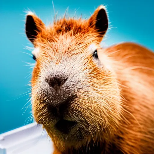 Image similar to cute capybara eating a nvidia gpu, cooling fans on the gpu, a happy capybara chewing on a video card, soft blue lights, bokeh, sharp focus, 3 5 mm, taken by sony a 7 r, 4 k, award winning