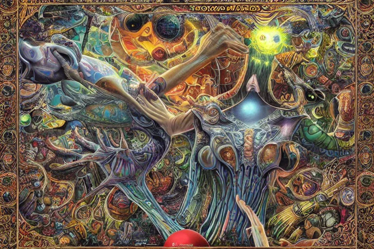 Image similar to photorealistic the book fo revelations by pedro correa, android jones, alex grey, chris dyer, and aaron brooks
