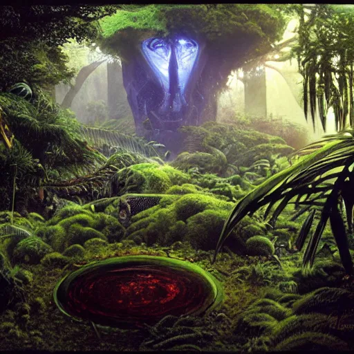 Image similar to alien artifacts in the jungle, lost alien tech, ancient alien tools and houses, tropical forest, moss, glowing alien circles and monuments, alien relic, syd mead, john harris, art station