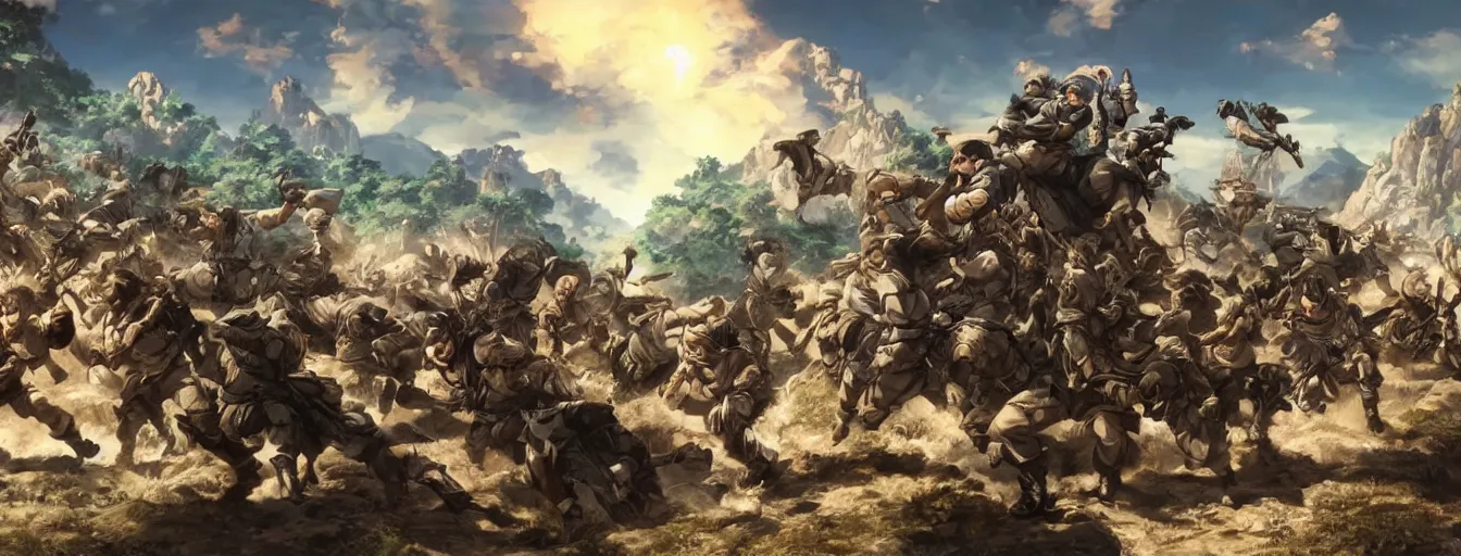 Image similar to calvary soldiers charging at a giant gorilla throwing rocks. hyperrealistic anime background illustration by kim jung gi, colorful, extremely detailed faces, intricate linework, smooth, super sharp focus, bright colors, high contrast, matte, octopath traveler, unreal engine 5 highly rendered, global illumination, radiant light