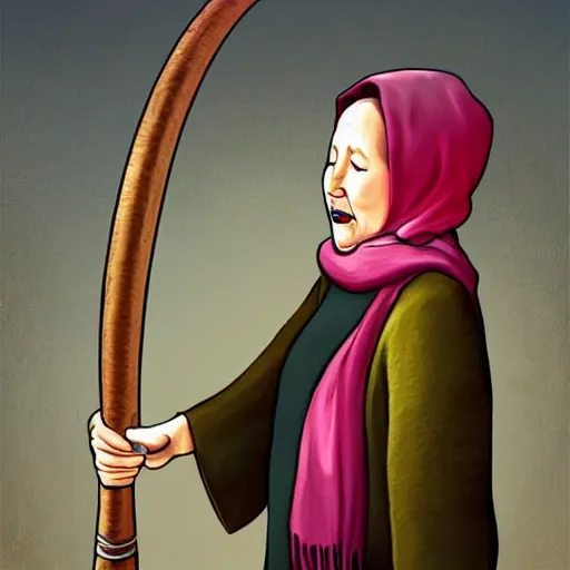 Image similar to a babushka hits a gong with a drumstick that looks like a cigarette, digital art