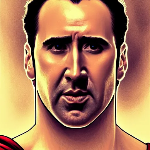 Image similar to upper body portrait of nicolas cage as superman, intricate, elegant, highly detailed, digital painting, artstation, concept art, smooth, sharp focus, illustration, art by artgerm and greg rutkowski and alphonse mucha, 8 k