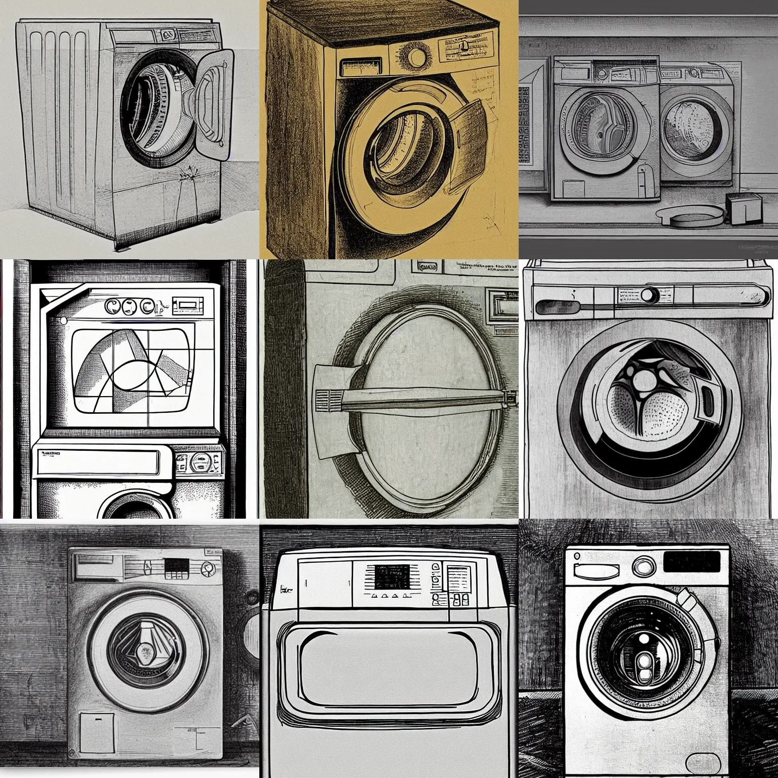 Prompt: washing machine, hyperdetailed, schematic drawing by Leonardo Da Vinci
