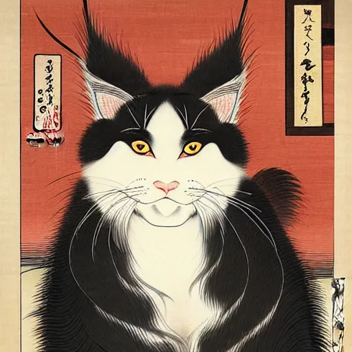 Image similar to beautiful portrait ukiyo - e painting of an ginger maine coon with white beard by kano hideyori, kano tan'yu, kaigetsudo ando, miyagawa choshun, okumura masanobu, kitagawa utamaro