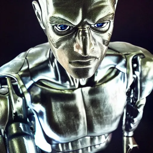 Image similar to “a realistic detailed photo of a guy who is the terminator, who is a male android, Bryce Hall, shiny skin, red eyes, posing like a statue, blank stare”